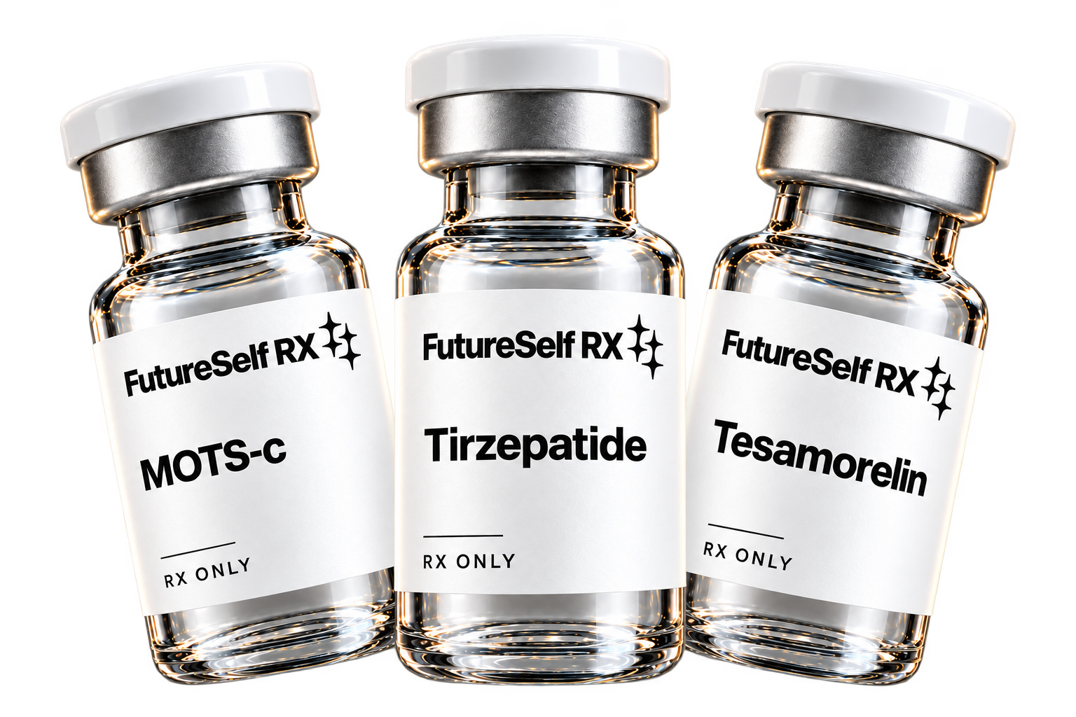 FutureSelf RX Tirzepatide, Tesamorelin and MOTS-c vial concepts