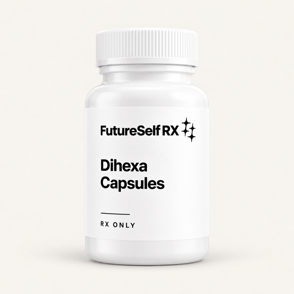 Illustrative FutureSelf RX Dihexa packaging concept; actual dispensing packaging may vary