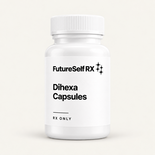 Illustrative FutureSelf RX Dihexa packaging concept; actual dispensing packaging may vary