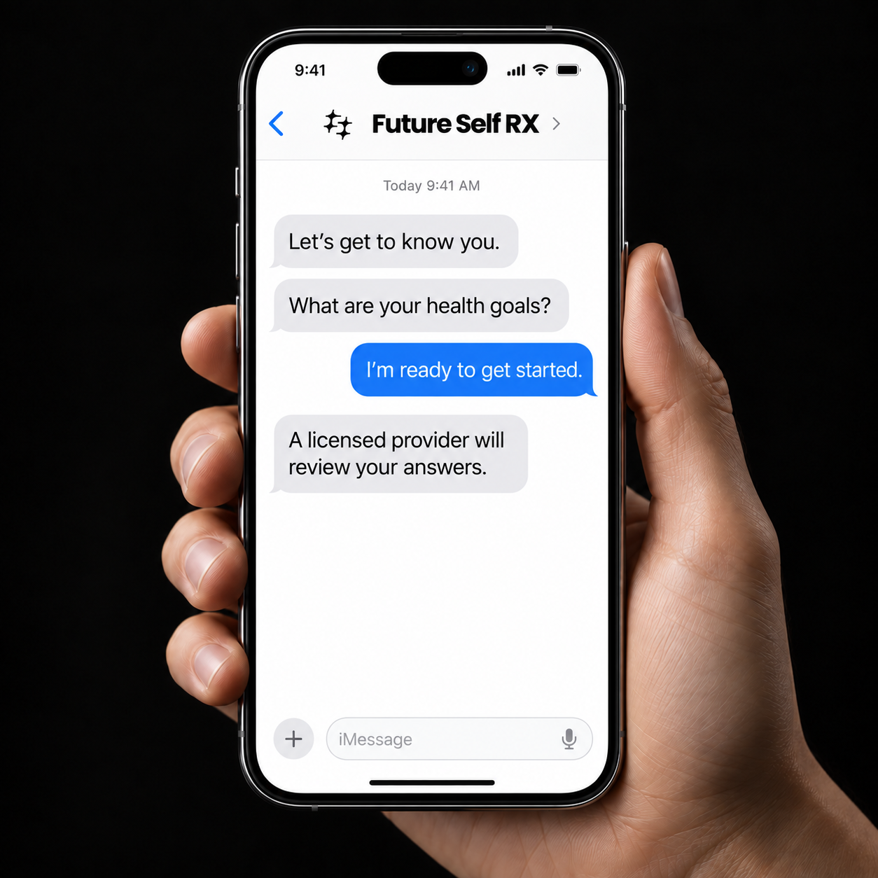 Phone showing a futureself health questionnaire in a messaging-style interface