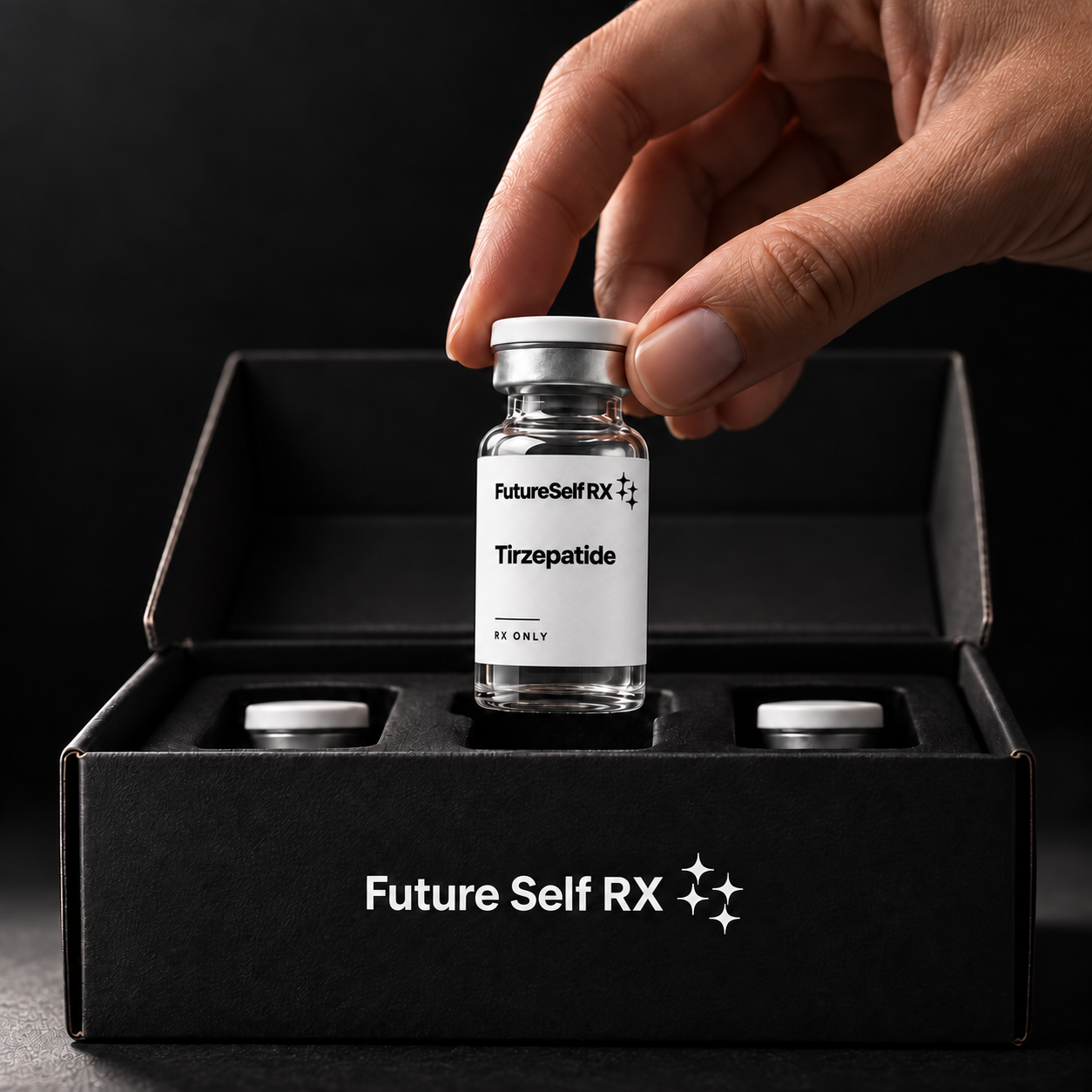 A futureself vial lifted from its box